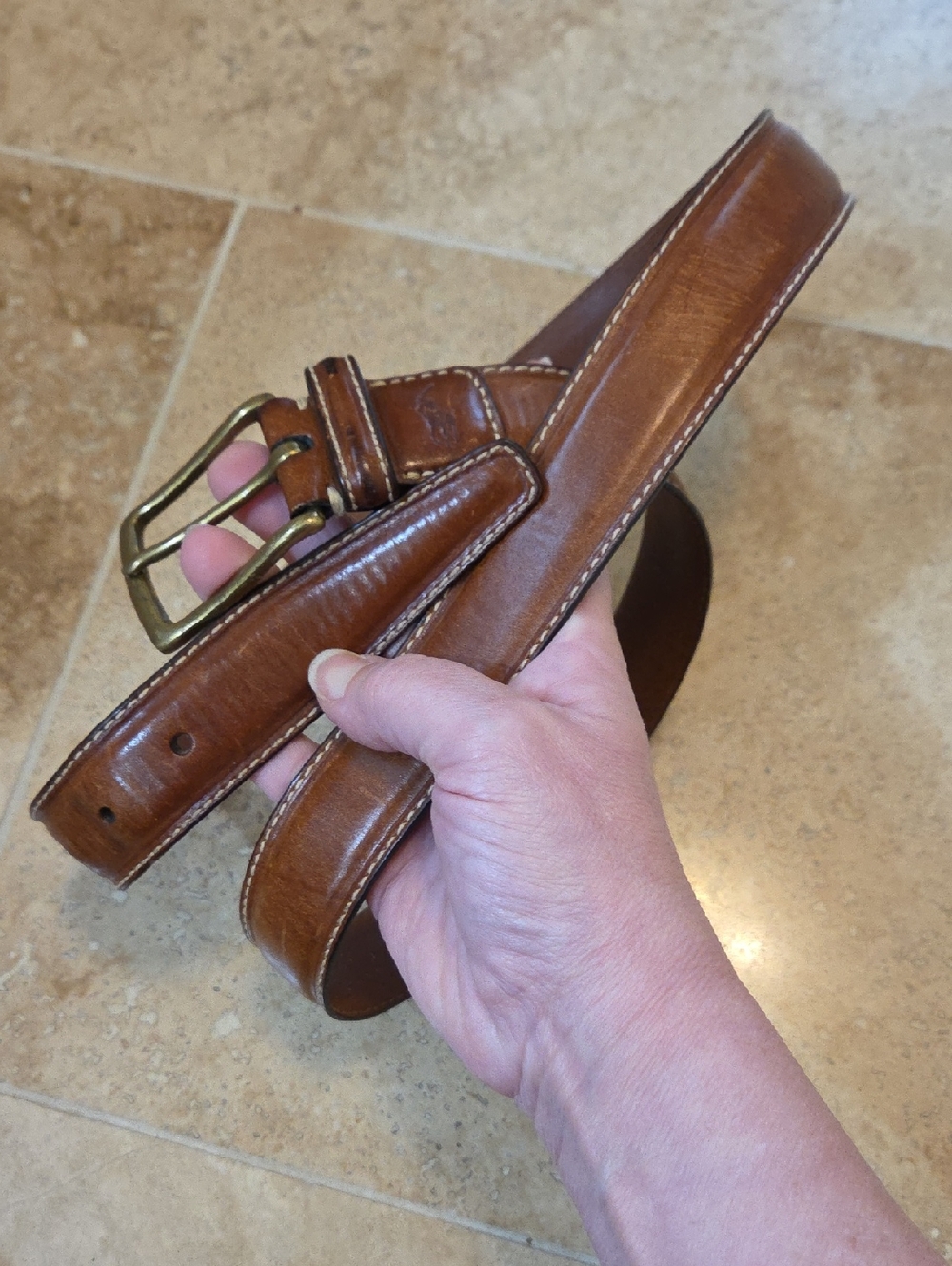 MEN'S POLO RALPH LAUREN CLASSIC PONY BROWN LEATHER BELT SOLID BRASS BUCKLE - Picture 2 of 12